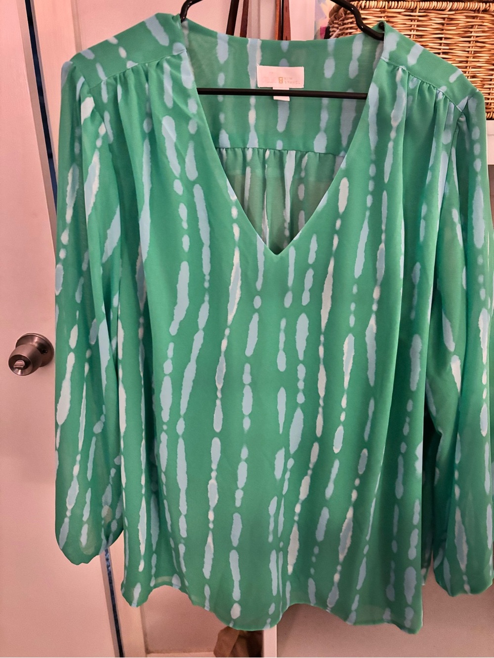 Belle by Kim Gravel Green Printed V-Neck Long-Sleeve Blouse
